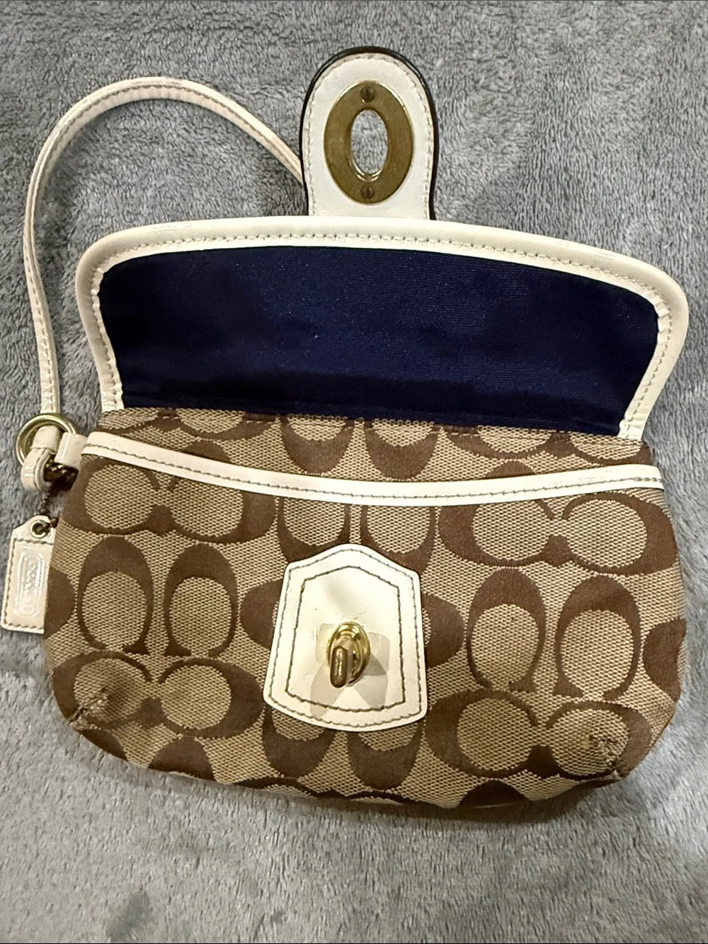 Coach Brown Signature Canvas Wristlet with Cream Trim and Gold Hardware